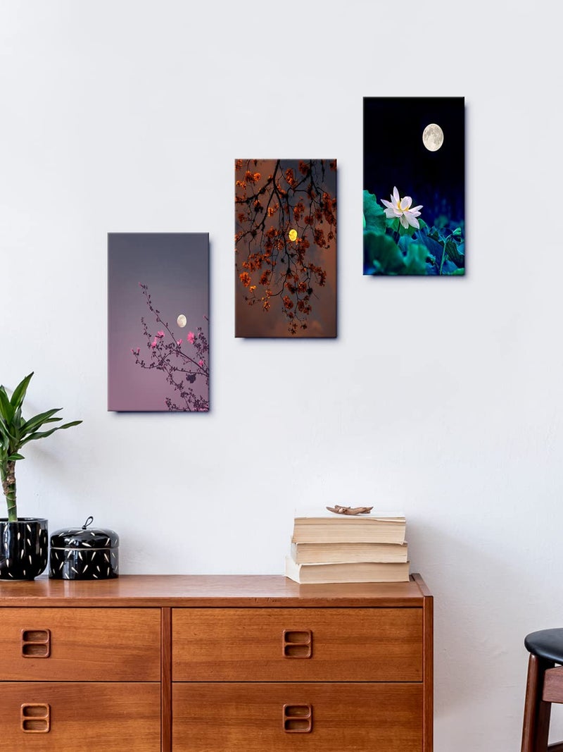 999STORE 999STORE Leaves With Moon home room dcor framed stylish modern wall frames hanging items for living Set of 3 Panels Paper Print 24X15 Inches MDF3Frames039