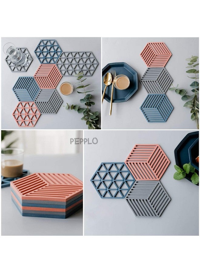 pepplo Trivet Mats,6 Pack Silicone Table Mats Heat Resistant Hot Pans Non-Slip Pot Holders Placemat for Bowl Dishes Kitchen Cooking Dining - Triangle & Line Mix - Image 2