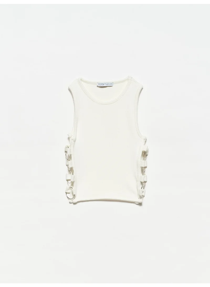 Dilvin 20109 Ring Detailed Crop Top-Ecru