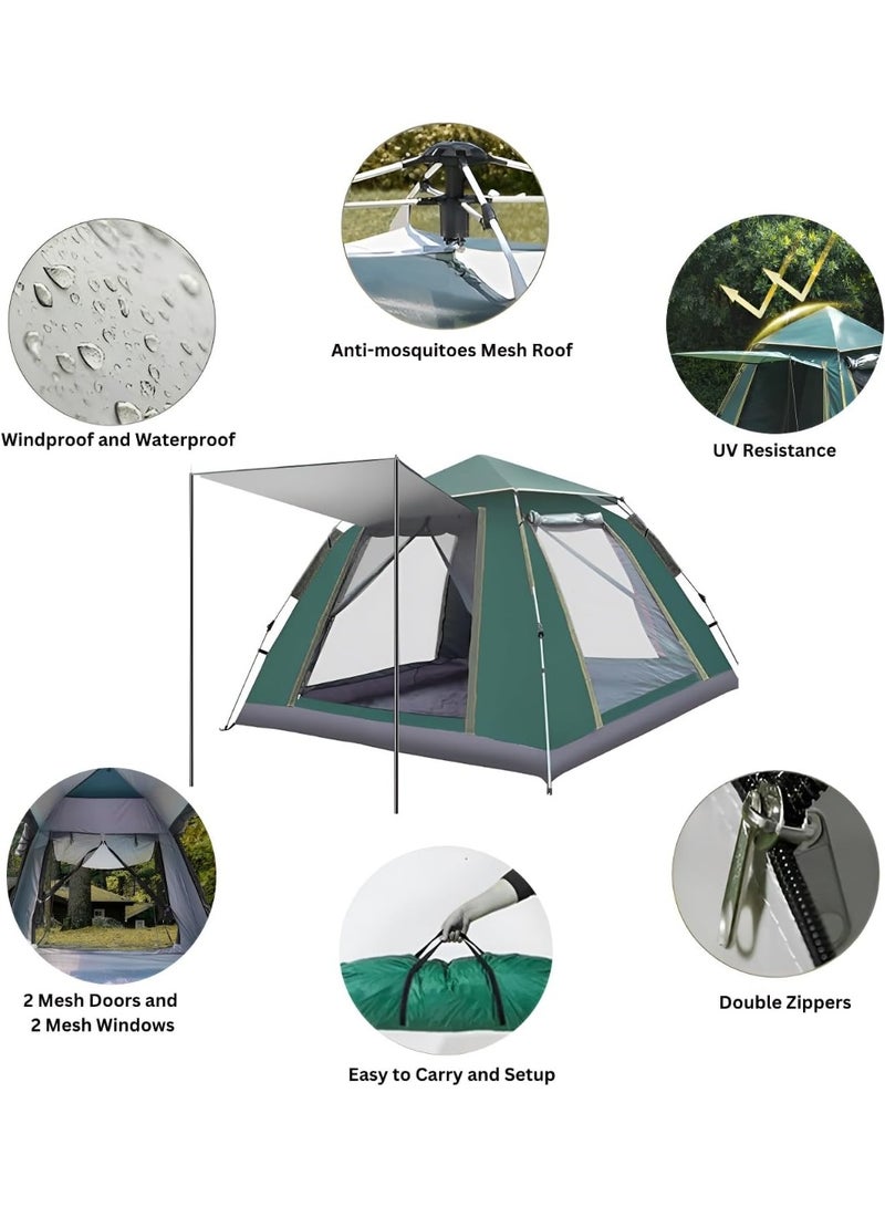 DEXO Automatic Pop-Up Camping Tent for 6-Person, 240x240x155cm – Instant Setup, Waterproof, Windproof, Lightweight Camping Tent with 2 Doors, Mesh Windows & Carry Bag, Green - Image 2