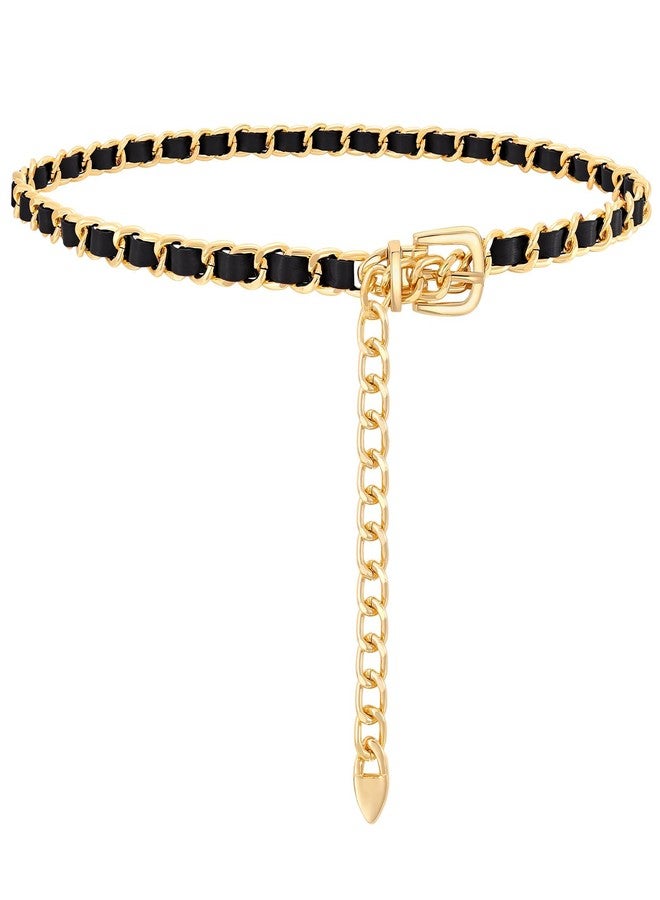 WHIPPY Metal Chain Waist Belt for Women Adjustable Leather Link Chain Belts for Dresses Jeans, Gold Black, M - Image 1