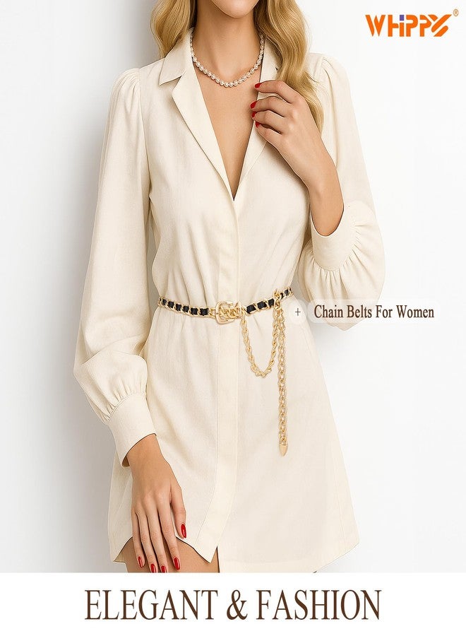 WHIPPY Metal Chain Waist Belt for Women Adjustable Leather Link Chain Belts for Dresses Jeans, Gold Black, M - Image 2