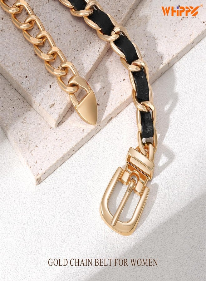 WHIPPY Metal Chain Waist Belt for Women Adjustable Leather Link Chain Belts for Dresses Jeans, Gold Black, M - Image 3