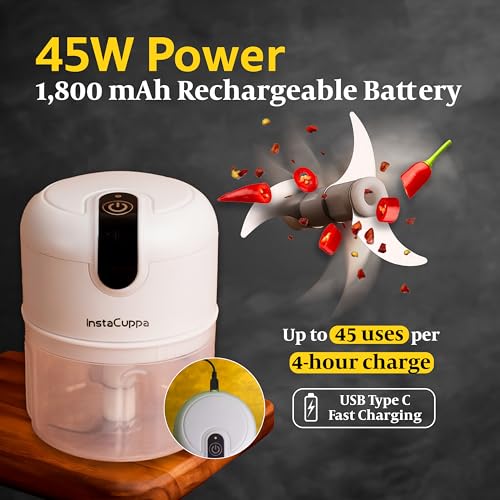 InstaCuppa Mini Electric Chopper for Kitchen, 50% Longer Use 1800 mAh Battery Onion Cutter, USB-C Garlic Mincer for 50% Faster Charging, 45 W Fast Vegetables Chopping for Busy Moms, 250 ML - Image 5