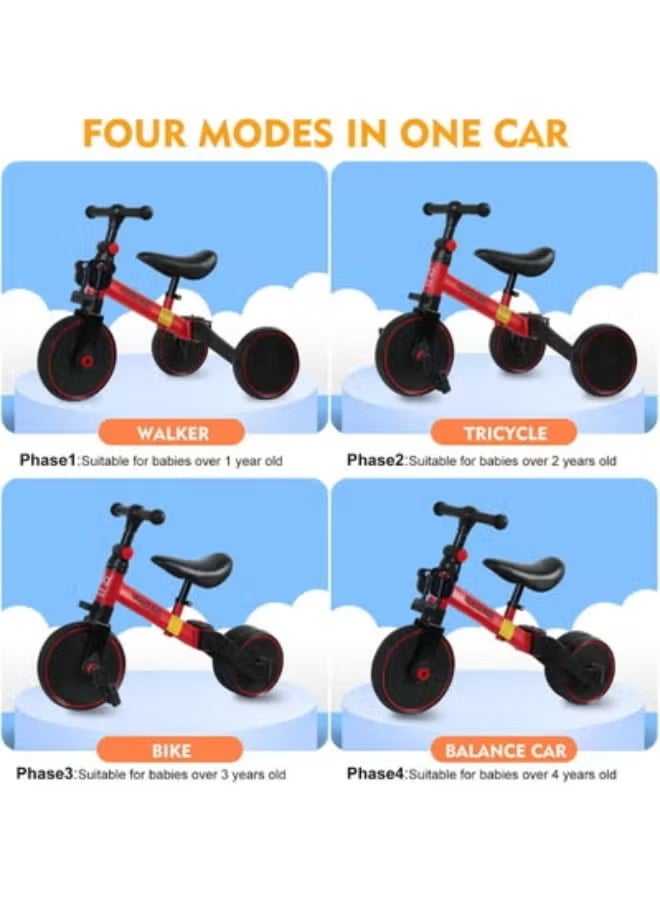 TIGER 4-in-1 Kids Balance Bike & Tricycle – Adjustable Seat & Pedals Toddler Ride-On for 1–4 Years, Indoor & Outdoor Baby Trike for Boys & Girls, Ideal First Birthday Gift for Active Play and Early Learning – Red - Image 3