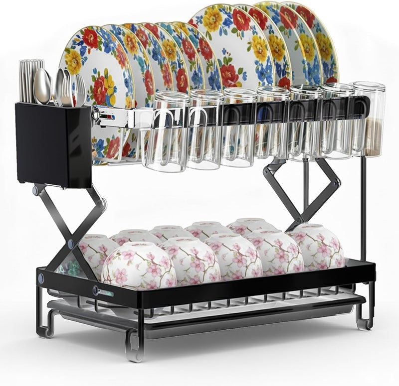 MARKQ 2-Tier Foldable Dish Drying Rack for Kitchen Countertop – Heavy-Duty Metal Dish Drainer Organizer with Drain Board, Utensil & Cup Holders | Space-Saving Folding Dish Rack, Black - Image 1