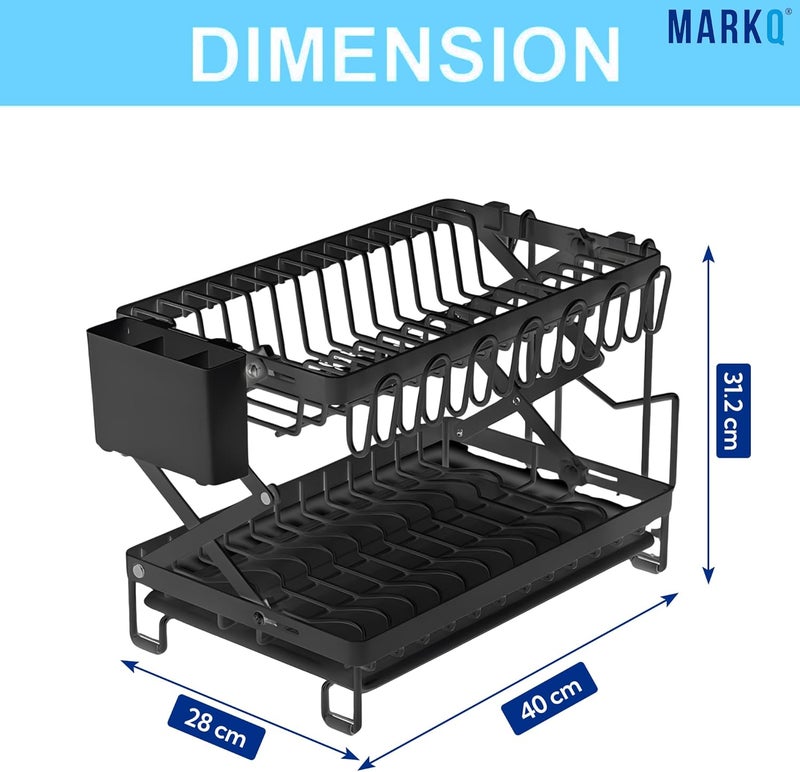 MARKQ 2-Tier Foldable Dish Drying Rack for Kitchen Countertop – Heavy-Duty Metal Dish Drainer Organizer with Drain Board, Utensil & Cup Holders | Space-Saving Folding Dish Rack, Black - Image 3