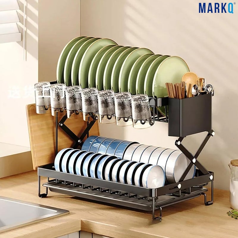 MARKQ 2-Tier Foldable Dish Drying Rack for Kitchen Countertop – Heavy-Duty Metal Dish Drainer Organizer with Drain Board, Utensil & Cup Holders | Space-Saving Folding Dish Rack, Black - Image 2