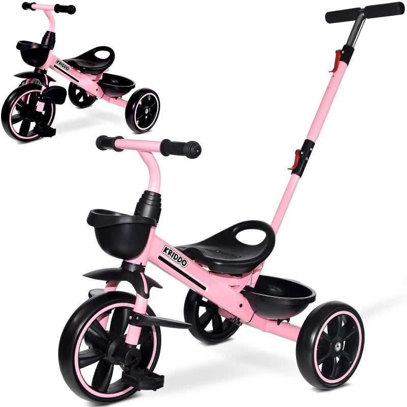 KRIDDO 2-in-1 Toddler Tricycle for Ages 18 Months to 5 Years Old - Extended Push Handle for Effortless Push, Gift Trike for Toddler 3 to 5 Year, Kids Tricycle with Foldable Front Footrest, Pink - Image 1