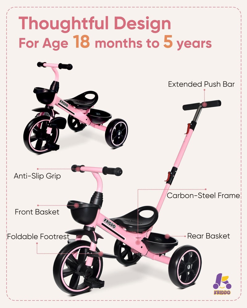KRIDDO 2-in-1 Toddler Tricycle for Ages 18 Months to 5 Years Old - Extended Push Handle for Effortless Push, Gift Trike for Toddler 3 to 5 Year, Kids Tricycle with Foldable Front Footrest, Pink - Image 4