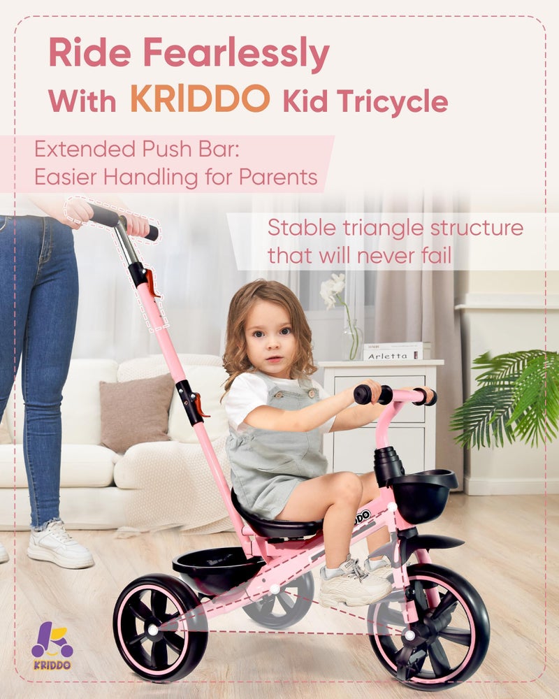 KRIDDO 2-in-1 Toddler Tricycle for Ages 18 Months to 5 Years Old - Extended Push Handle for Effortless Push, Gift Trike for Toddler 3 to 5 Year, Kids Tricycle with Foldable Front Footrest, Pink - Image 5