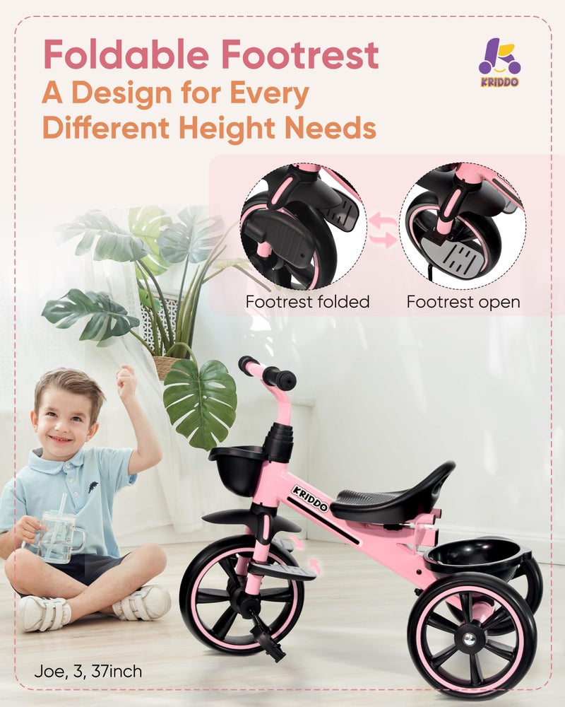 KRIDDO 2-in-1 Toddler Tricycle for Ages 18 Months to 5 Years Old - Extended Push Handle for Effortless Push, Gift Trike for Toddler 3 to 5 Year, Kids Tricycle with Foldable Front Footrest, Pink - Image 3