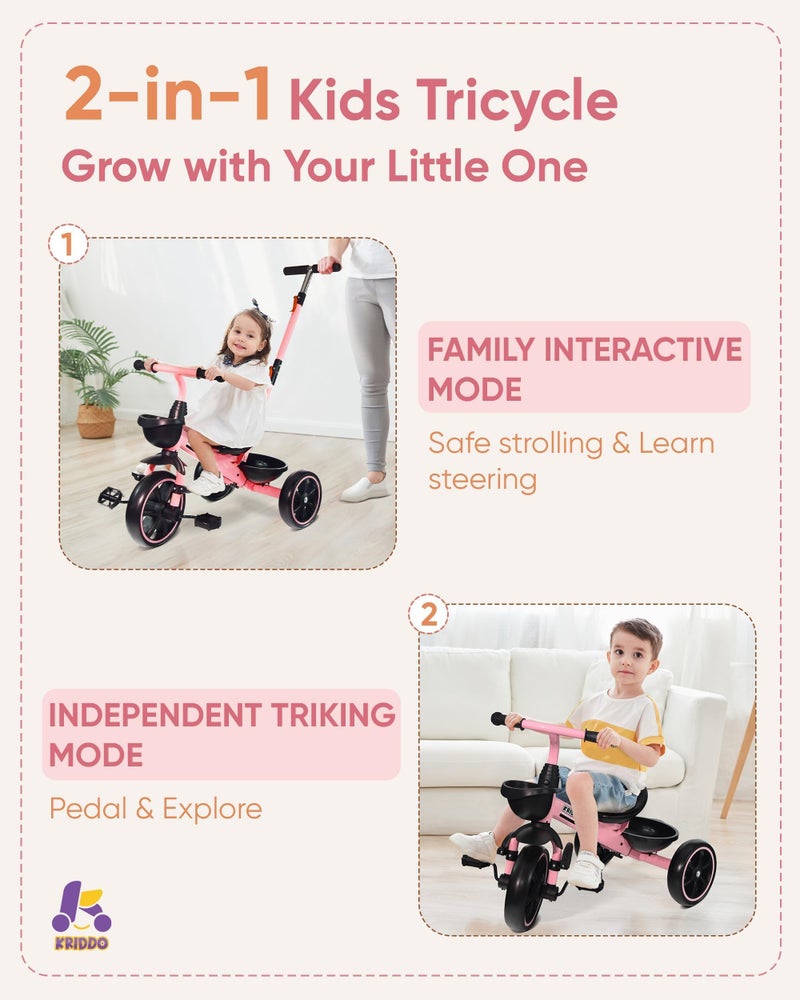 KRIDDO 2-in-1 Toddler Tricycle for Ages 18 Months to 5 Years Old - Extended Push Handle for Effortless Push, Gift Trike for Toddler 3 to 5 Year, Kids Tricycle with Foldable Front Footrest, Pink - Image 2