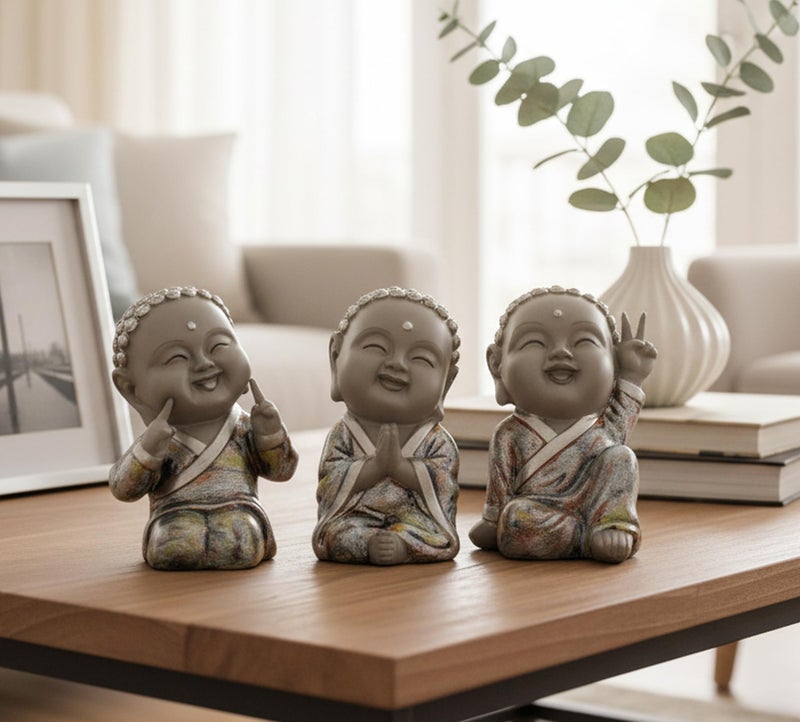 ESPLANADE Baby Buddha Show Piece for Home Decor, Set of 3 | Decorative Items for Living Room, Office | Feng Shui Happy Buddha Statues | Resin Vastu Idol & Figurine Gifts for House Warming - Image 2