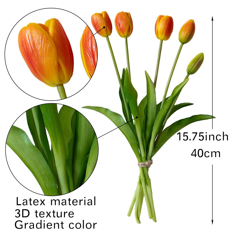 DUYONE 40pcs Artificial Tulips Flowers,Latex Bouquet, Fake Tulips for Office Wedding Party Home Kitchen Garden Decoration-B Orange Suit - Image 2