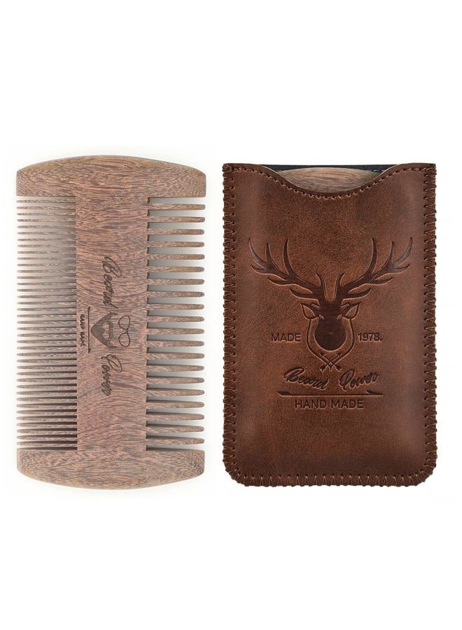 Menesia Sandalwood Beard Comb with Case - Fine & Coarse Teeth, Wooden Pocket Comb for Beards, Mustaches & Hair, Brown Skull Design - Image 1