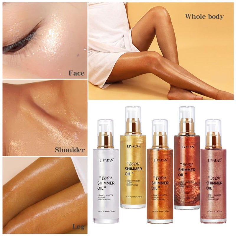 Liyalan Shimmer Body Oil Pearl White 5 Color Bronze Face Brighten Glow Highlighter Illuminator Body Makeup Shine Glitter Gold Liquid Taning (2.8 Fl Oz) - Image 4