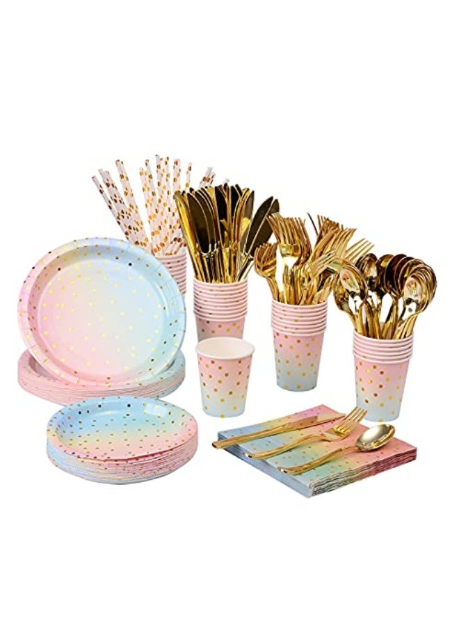 200PCS Rainbow Pastel Party Supplies Set-Disposable Paper Dinnerware Serves 25, Pastel Paper Plates Napkins Cups&Gold Plastic Silverware Sets for Wedding Birthday Baby Shower Holiday Parties(Colorful) - Image 1