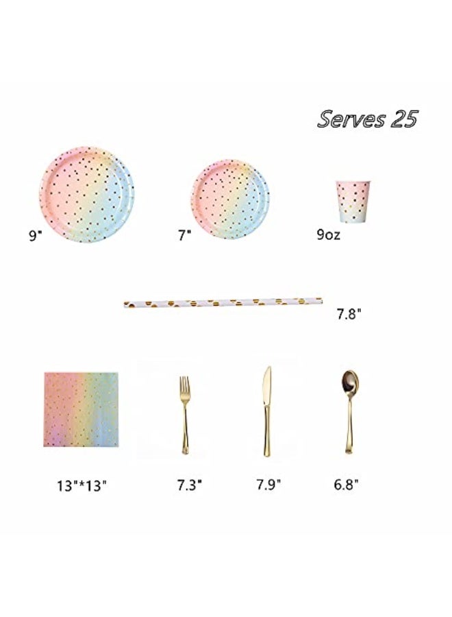 200PCS Rainbow Pastel Party Supplies Set-Disposable Paper Dinnerware Serves 25, Pastel Paper Plates Napkins Cups&Gold Plastic Silverware Sets for Wedding Birthday Baby Shower Holiday Parties(Colorful) - Image 2