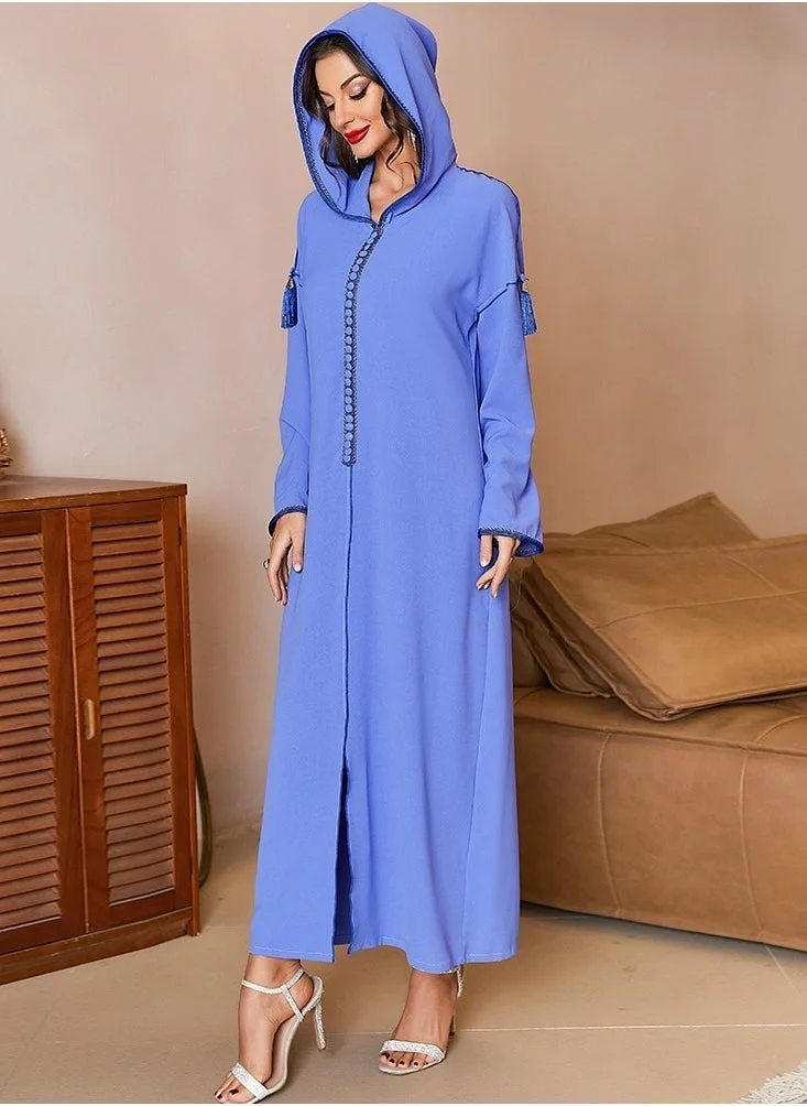 Madam Uniq Blue Hooded Abaya Dress, Long Sleeves & Embellished Details