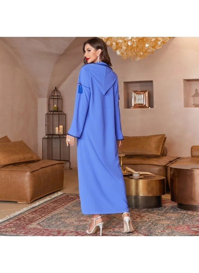 Madam Uniq Blue Hooded Abaya Dress, Long Sleeves & Embellished Details