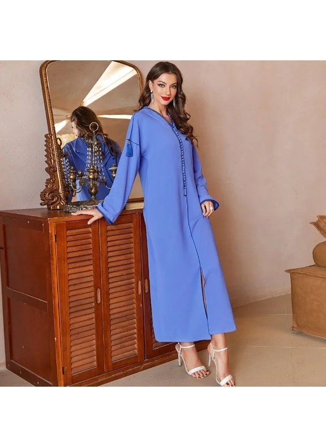 Madam Uniq New Blue Belted Tassel Hooded Abaya Robe