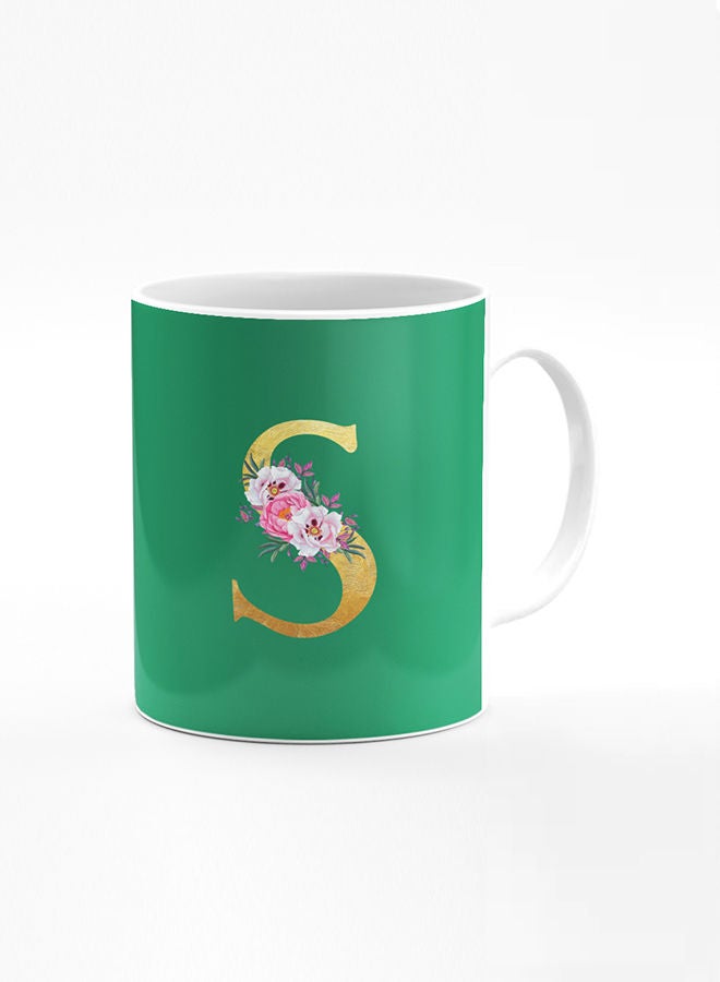 Stylizedd Designer Printed Coffee Mug 11oz Ceramic Personalised Gift Mugs Cup -Custom Monogram Initial Letter Floral Pattern Alphabet - S (Dark Spring Green)  - Image 1