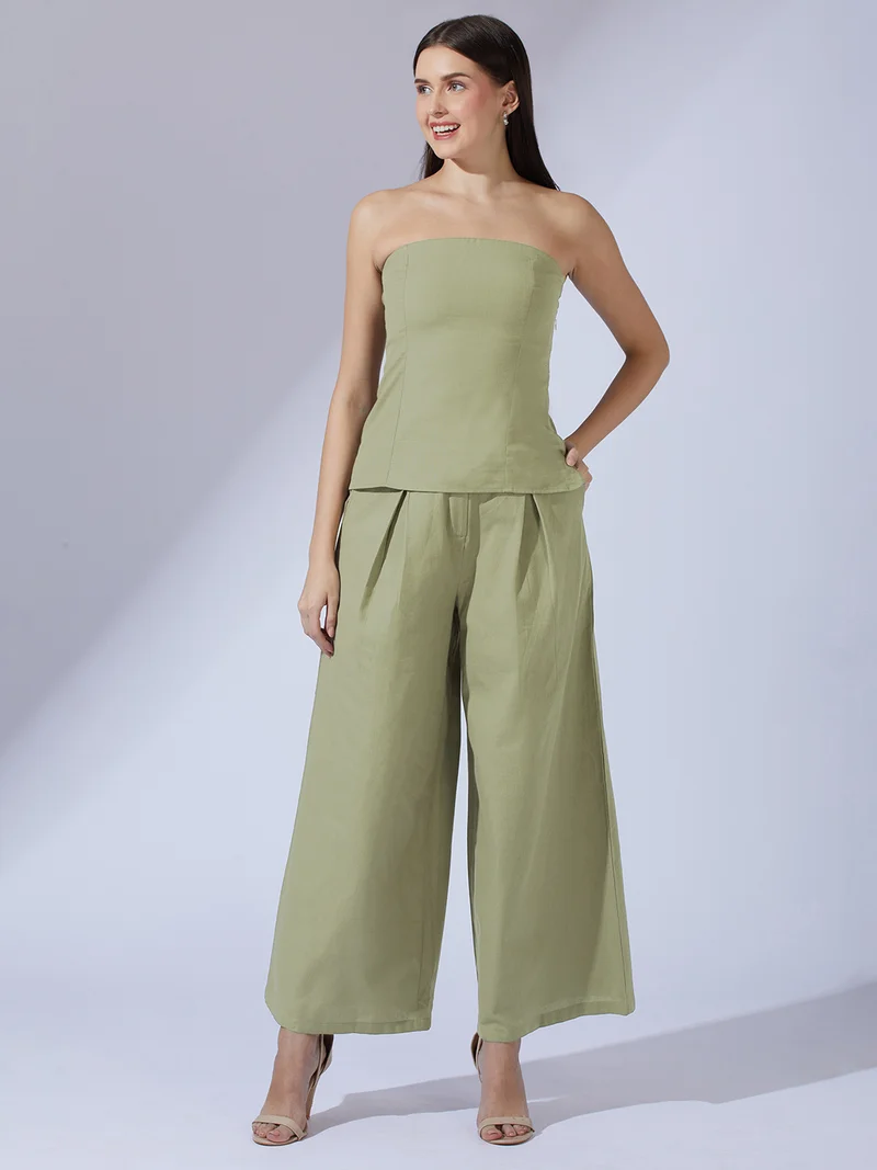 globus Women Olive Color Smocked Off Shoulder Top With Wide Leg Trousers Co-Ord Set