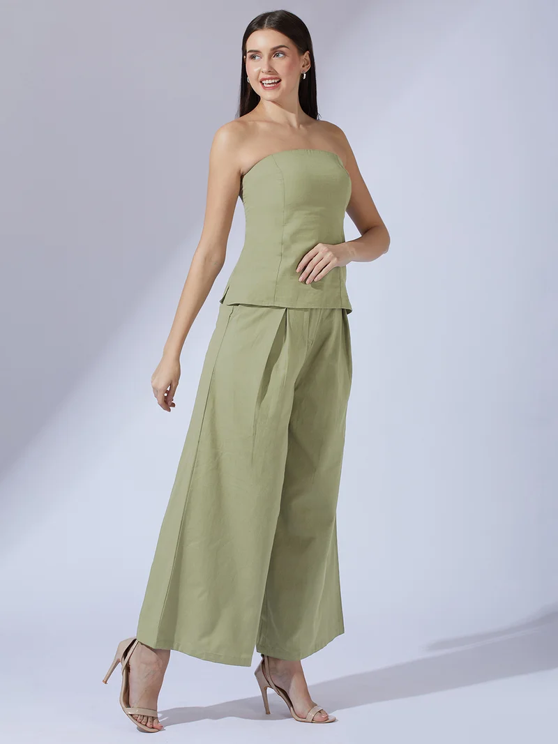 globus Women Olive Color Smocked Off Shoulder Top With Wide Leg Trousers Co-Ord Set
