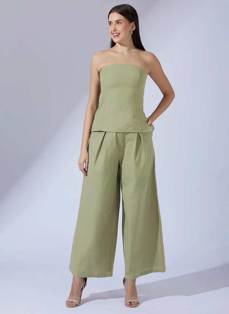Globus Women Olive Color Smocked Off Shoulder Top With Wide Leg Trousers Co-Ord Set
