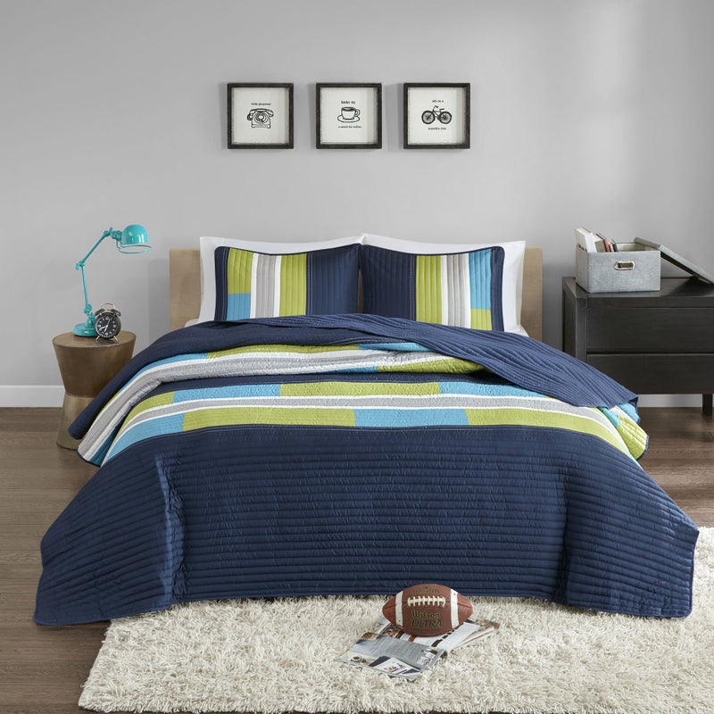 Comfort Spaces CS14-0861 2 Piece Quilt Coverlet Bedspread All Season Lightweight Hypoallergenic Pipeline Colorblock Kids Bedding Set, Twin/Twin XL, Pierre Navy/Blue Stripe - Image 2