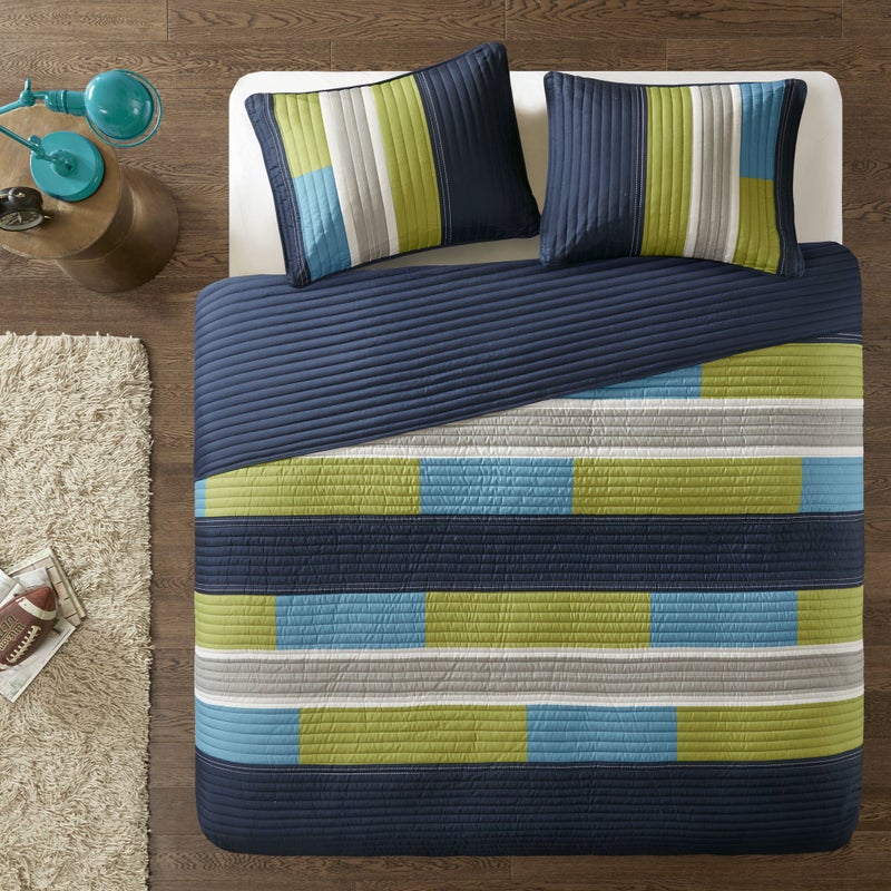 Comfort Spaces CS14-0861 2 Piece Quilt Coverlet Bedspread All Season Lightweight Hypoallergenic Pipeline Colorblock Kids Bedding Set, Twin/Twin XL, Pierre Navy/Blue Stripe - Image 3