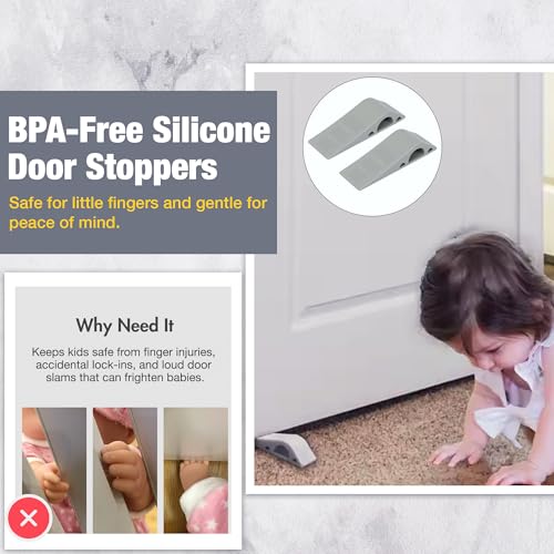 Safe-O-Kid® Pack of 2 BPA-Free Silicone Door Stoppers – Anti-Slip, No Harm to Kids, Fits All Doors, Multi-Surface TPR, Grey - Image 2