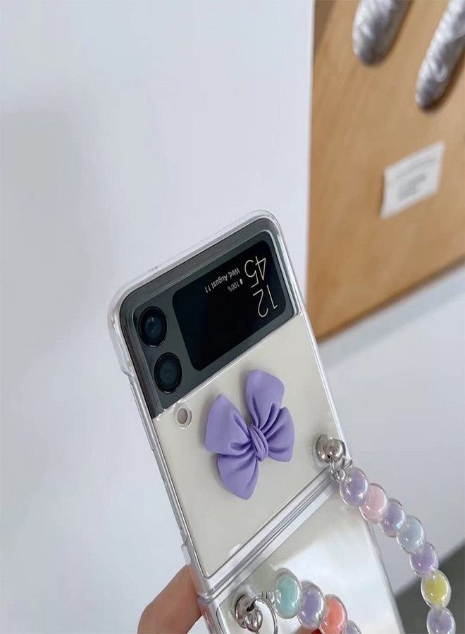 أوميو جراب Omio لهاتف سامسونج جالاكسي Z Flip 4 مع سوار فاخر من سلسلة اللؤلؤ الملونة، جراب أنيق للفتيات والسيدات، تصميم ثلاثي الأبعاد على شكل فيونكة، غطاء شفاف مقاوم للصدمات من البولي كربونات لهاتف جالاكسي Z Flip 4 5G باللون الوردي - Image 4