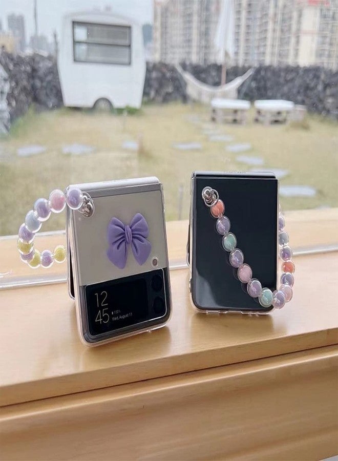 أوميو جراب Omio لهاتف سامسونج جالاكسي Z Flip 4 مع سوار فاخر من سلسلة اللؤلؤ الملونة، جراب أنيق للفتيات والسيدات، تصميم ثلاثي الأبعاد على شكل فيونكة، غطاء شفاف مقاوم للصدمات من البولي كربونات لهاتف جالاكسي Z Flip 4 5G باللون الوردي - Image 2