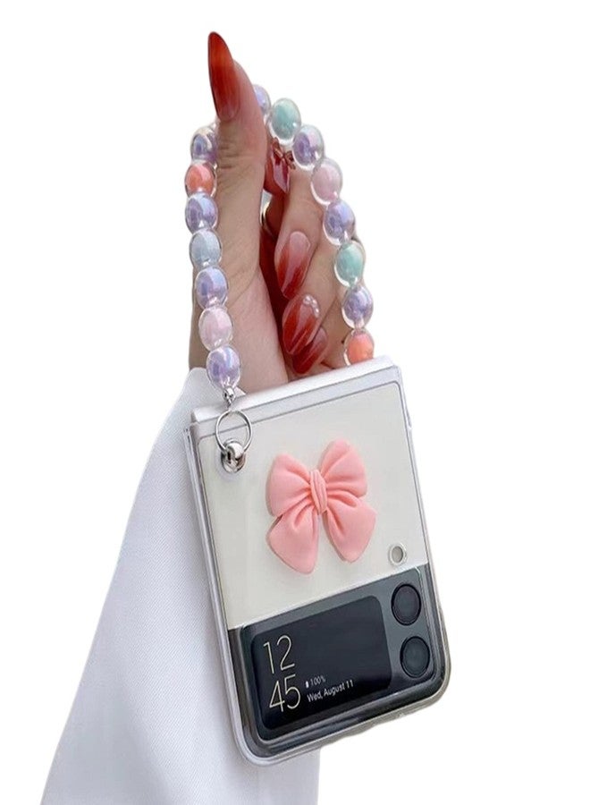 أوميو جراب Omio لهاتف سامسونج جالاكسي Z Flip 4 مع سوار فاخر من سلسلة اللؤلؤ الملونة، جراب أنيق للفتيات والسيدات، تصميم ثلاثي الأبعاد على شكل فيونكة، غطاء شفاف مقاوم للصدمات من البولي كربونات لهاتف جالاكسي Z Flip 4 5G باللون الوردي - Image 1