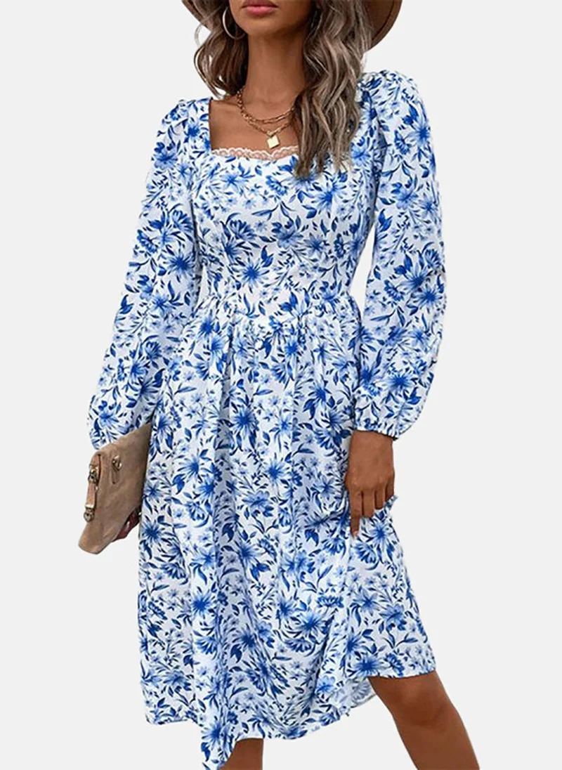 YUNIQEE Blue Flared Floral Square Neck Long Sleeve Dress