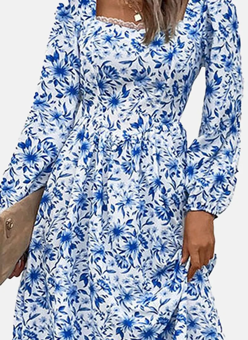 YUNIQEE Blue Flared Floral Square Neck Long Sleeve Dress