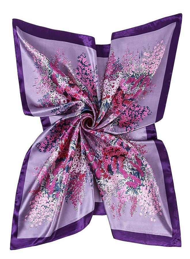 YOUR SMILE Polyester Scarf Women’s Fashion Pattern Purple Flower Large Square Satin Headscarf 35''x35'' (807) - Image 2