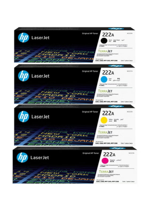 HP Toner HP 222A Toner Cartridge Set 4 Pack | Black Cyan Yellow Magenta Laser Toner Cartridges | Compatible with HP Color LaserJet Pro 3203dw, 3203dn, MFP 3303fdw, 3303sdw | W2220A W2221A W2222A W2223A - Image 1