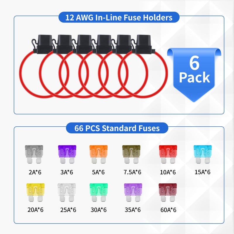 YNZDRWA 6 Pack Inline Fuse Holder 12V, Upgraded 12 AWG Waterproof Fuse Holder with 66 Pcs Standard Car Fuses (2A/3A/5A/7.5A/10A/15A/20A/25A/30A/35A/40A), YNZDRWA in Line Fuses Holders 12v for Marine Auto - Image 2