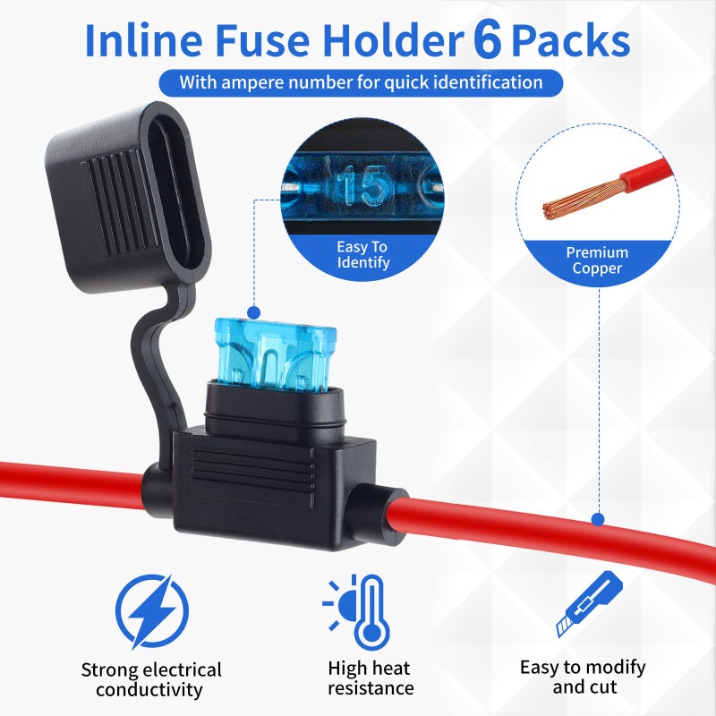 YNZDRWA 6 Pack Inline Fuse Holder 12V, Upgraded 12 AWG Waterproof Fuse Holder with 66 Pcs Standard Car Fuses (2A/3A/5A/7.5A/10A/15A/20A/25A/30A/35A/40A), YNZDRWA in Line Fuses Holders 12v for Marine Auto - Image 4