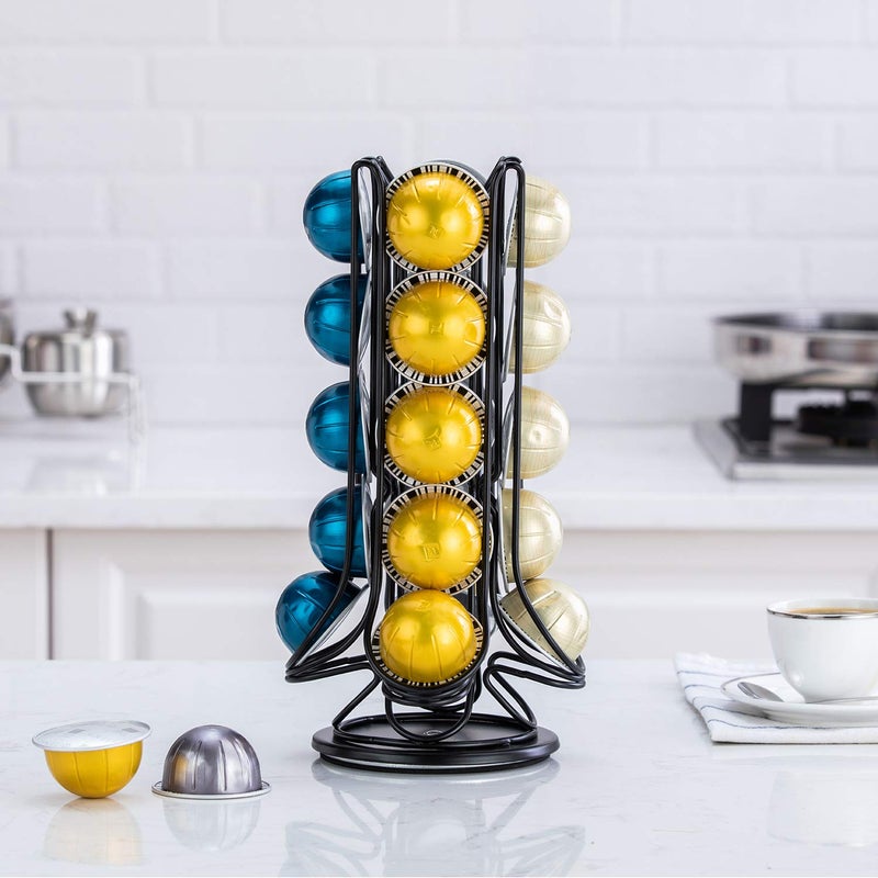 FlagShip Vertuo Pod Holder Coffee Pod Carousel Stand Storage for Nespresso Vertuoline, Small Size 360-Degree Rotation Wire Metal Black (20 Pods Capacity) - Image 1