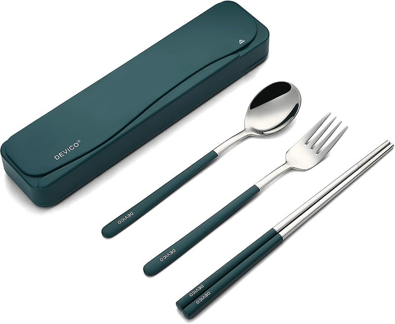 DEVICO Travel Utensils, 18/8 Stainless Steel Portable Reusable Camping Silverware Cutlery Flatware Set, 4-Piece Include Fork Spoon Chopsticks with Case (Dark Green) - Image 1