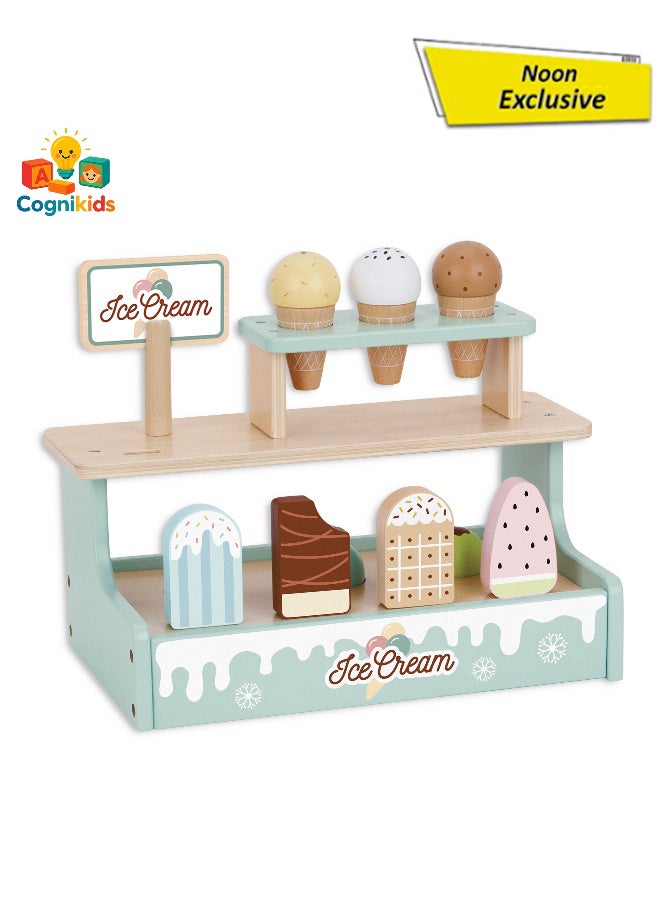 COGNIKIDS مجموعة متجر الآيس كريم – لعبة تمثيل مع مخروطات وأقماع آيس كريم ملونة – ألعاب دور للأطفال للحلويات للأعمار 3 سنوات فما فوق - Image 1