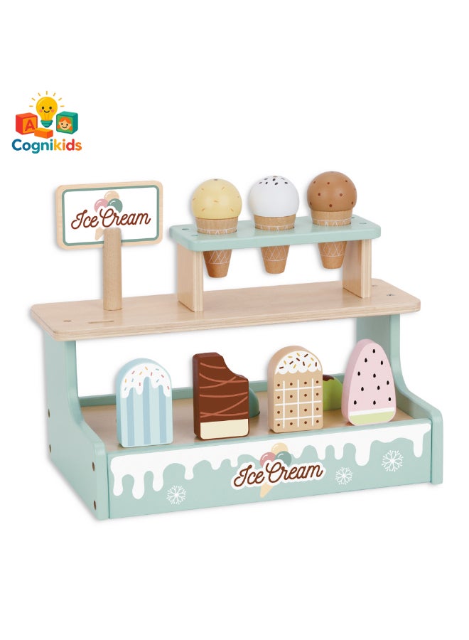 COGNIKIDS مجموعة متجر الآيس كريم – لعبة تمثيل مع مخروطات وأقماع آيس كريم ملونة – ألعاب دور للأطفال للحلويات للأعمار 3 سنوات فما فوق - Image 2