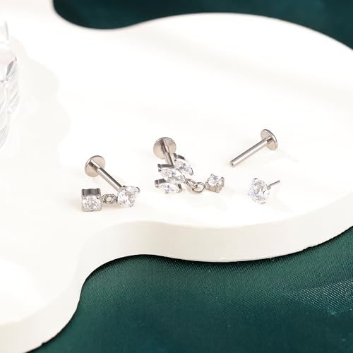 LOREMOW 3Pcs 16G G23 Titanium Threadless Cartilage Earring for Women Dangle Push in Stud Earrings CZ Lobe Helix Tragus Conch Piercing Jewelry Silver 10MM - Image 2