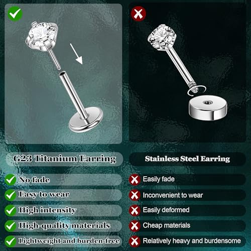 LOREMOW 3Pcs 16G G23 Titanium Threadless Cartilage Earring for Women Dangle Push in Stud Earrings CZ Lobe Helix Tragus Conch Piercing Jewelry Silver 10MM - Image 5