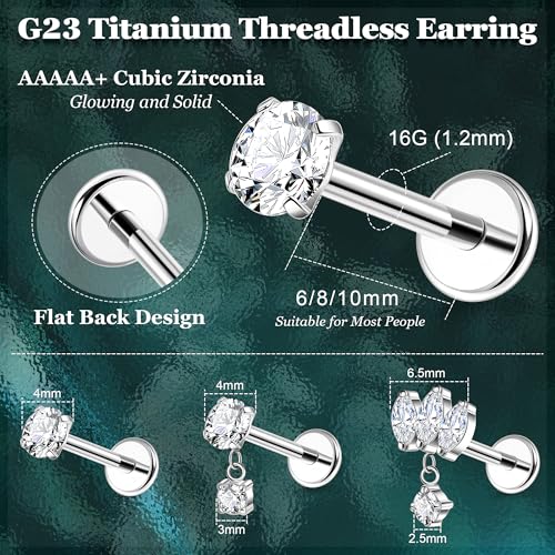 LOREMOW 3Pcs 16G G23 Titanium Threadless Cartilage Earring for Women Dangle Push in Stud Earrings CZ Lobe Helix Tragus Conch Piercing Jewelry Silver 10MM - Image 3