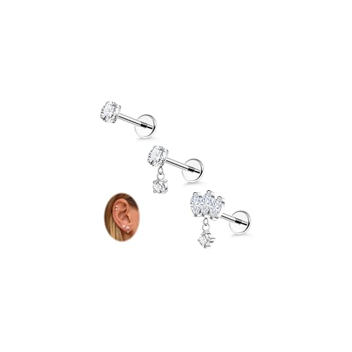 LOREMOW 3Pcs 16G G23 Titanium Threadless Cartilage Earring for Women Dangle Push in Stud Earrings CZ Lobe Helix Tragus Conch Piercing Jewelry Silver 10MM - Image 1